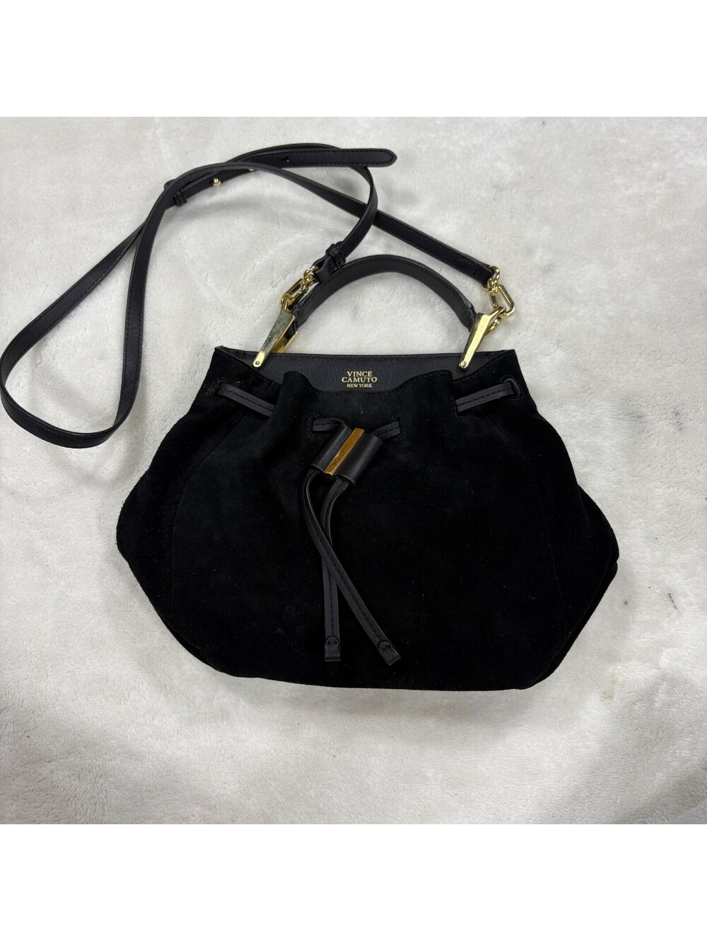 Vince Camuto Black Suede Drawstring Satchel Bag Gold Tone Hardware Crossbody